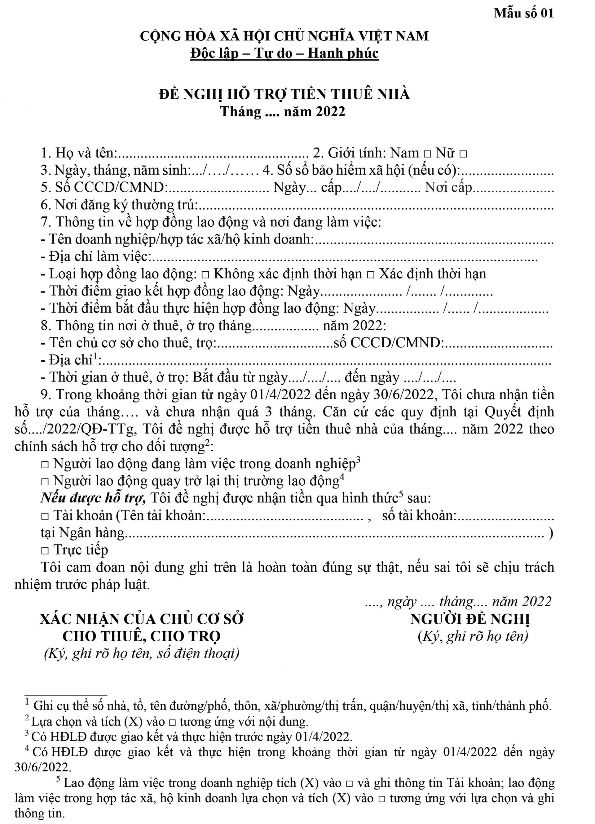 Thủ tục hỗ trợ tiền thuê nhà cho người lao động