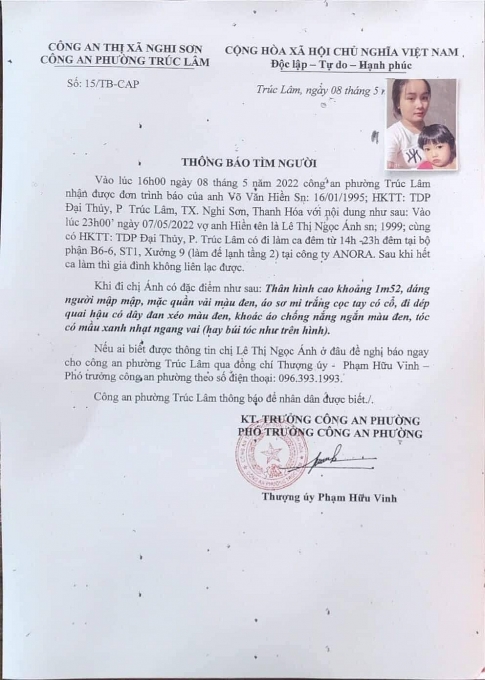 Thông tin mới nhất vụ nữ công nhân Thanh Hóa “mất tích” bí ẩn Thông tin mới nhất vụ nữ công nhân Thanh Hóa “mất tích” bí ẩn