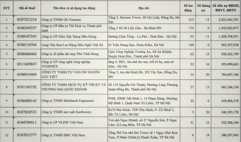 Hà Nội công bố danh sách 50 đơn vị nợ Bảo hiểm xã hội kéo dài