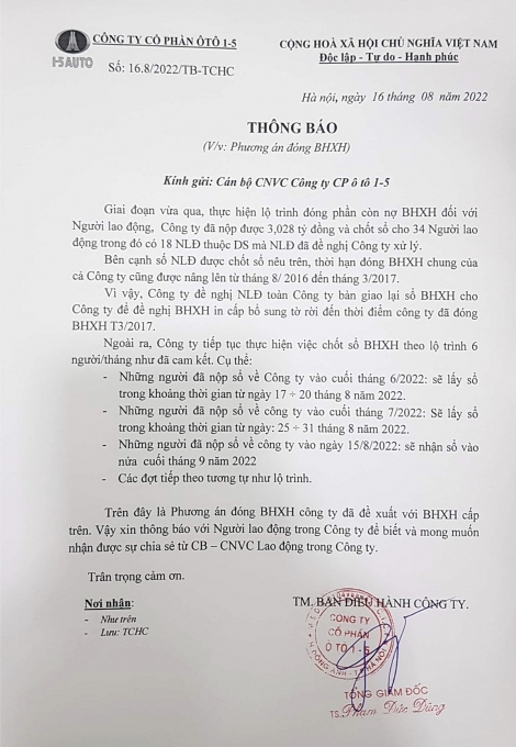 Công ty CP Ô tô 1-5 chậm chốt sổ BHXH cho người lao động
