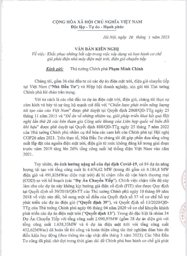Lo phá sản, 36 nhà đầu tư điện gió, mặt trời gửi kiến nghị lên Thủ tướng Lo phá sản, 36 nhà đầu tư điện gió, mặt trời gửi kiến nghị lên Thủ tướng ảnh 1