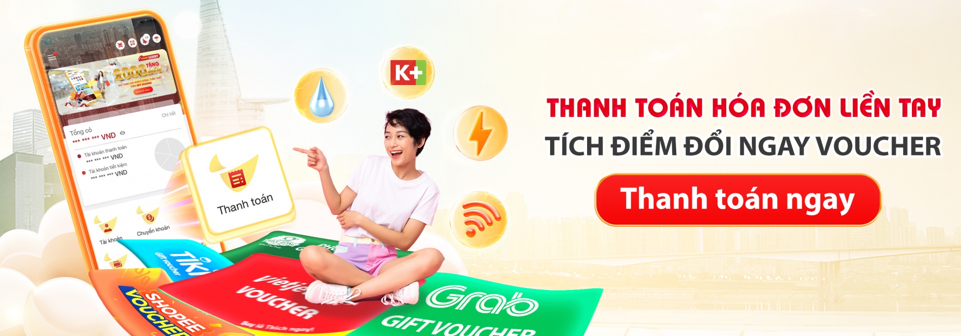 Tính năng 1 chạm thanh toán các hóa đơn sinh hoạt giúp người dùng không lo trễ hạn hay phải chờ lâu như trước đây, đồng thời có thể tích điểm đổi voucher xịn cho các hóa đơn từ 200.000 đồng. Tính năng 1 chạm thanh toán các hóa đơn sinh hoạt giúp người dùng không lo trễ hạn hay phải chờ lâu như trước đây, đồng thời có thể tích điểm đổi voucher xịn cho các hóa đơn từ 200.000 đồng.