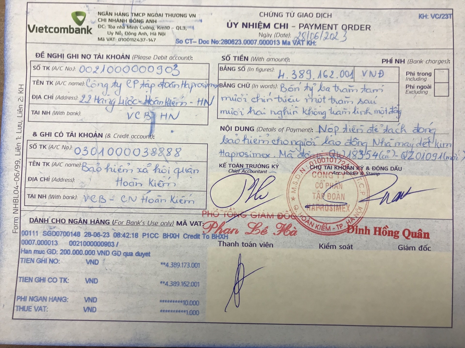 Công ty Haprosimex đã nộp toàn bộ số tiền BHXH cho người lao động