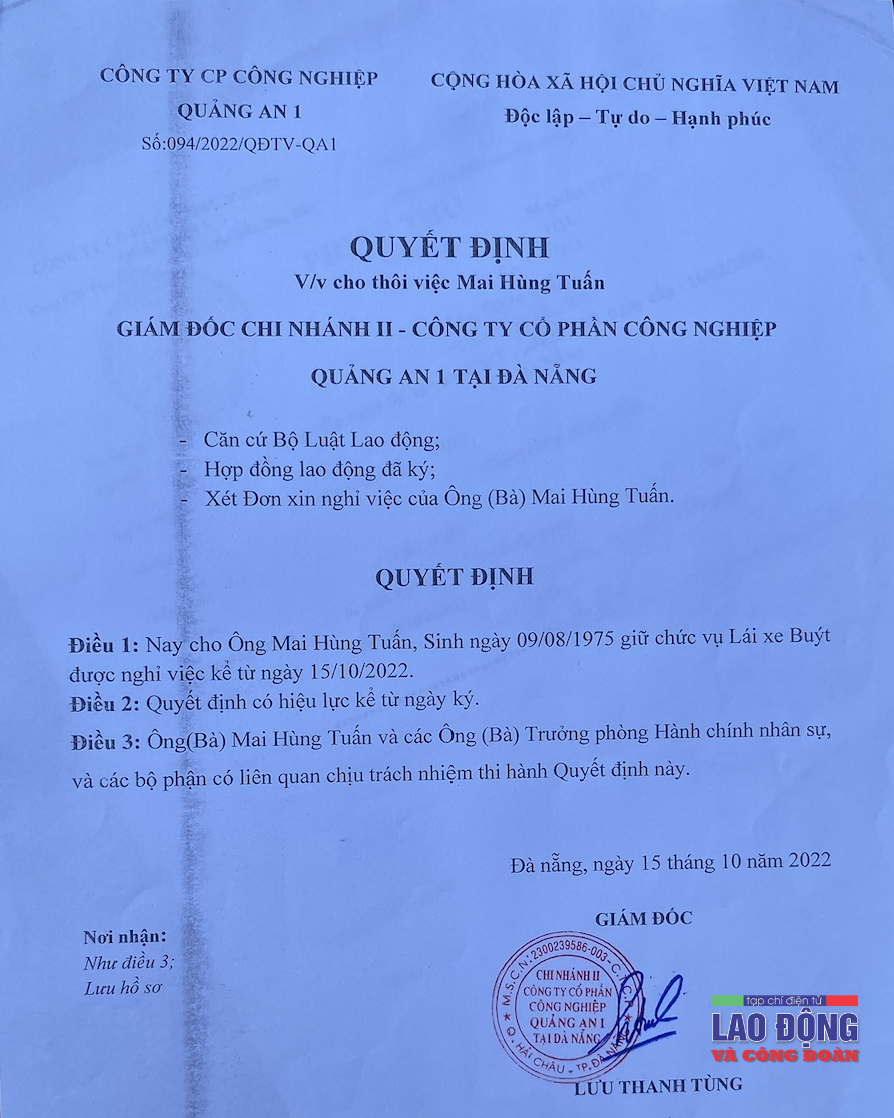Bài 15: Người lao động Công ty Quảng An 1 đã gửi đơn đến LĐLĐ TP. Đà Nẵng nhờ giúp đỡ
