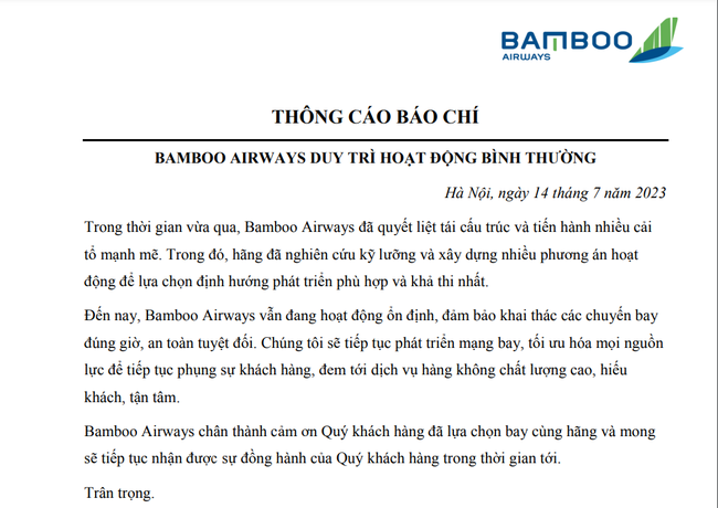 Bamboo Airways khẳng định vẫn hoạt động bình thường ảnh 1