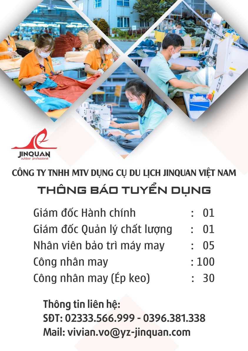 Công ty TNHH MTV Dụng cụ du lịch Jinquan Việt Nam tuyển dụng nhiều vị trí tại Quảng Trị
