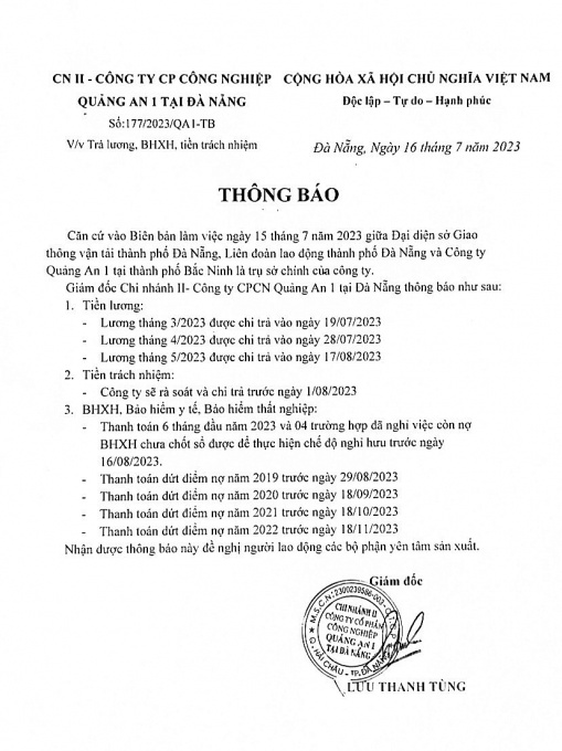 Bài 16: Quảng An 1 đưa ra lộ trình thanh toán nợ bảo hiểm xã hội cho NLĐ Bài 16: Quảng An 1 đưa ra lộ trình thanh toán nợ bảo hiểm xã hội cho NLĐ