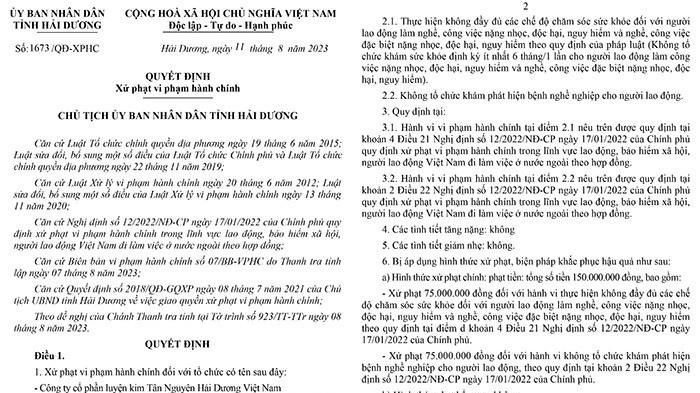 Hải Dương: Doanh nghiệp bị xử phạt vì không khám sức khoẻ cho công nhân