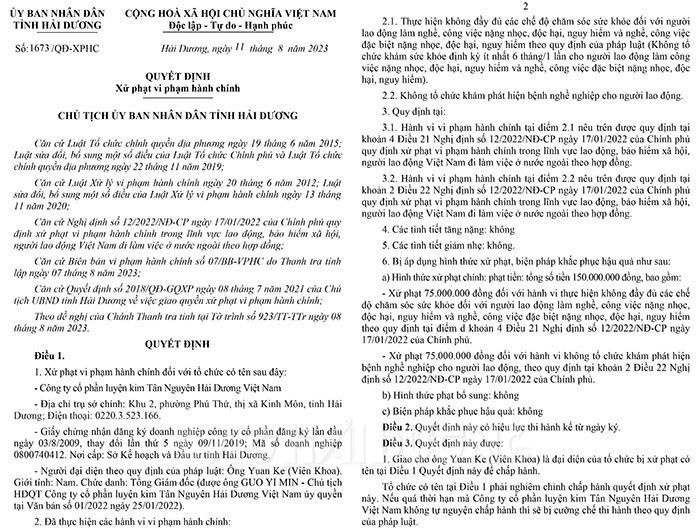 Hải Dương: Doanh nghiệp bị xử phạt vì không khám sức khoẻ cho công nhân Hải Dương: Doanh nghiệp bị xử phạt vì không khám sức khoẻ cho công nhân