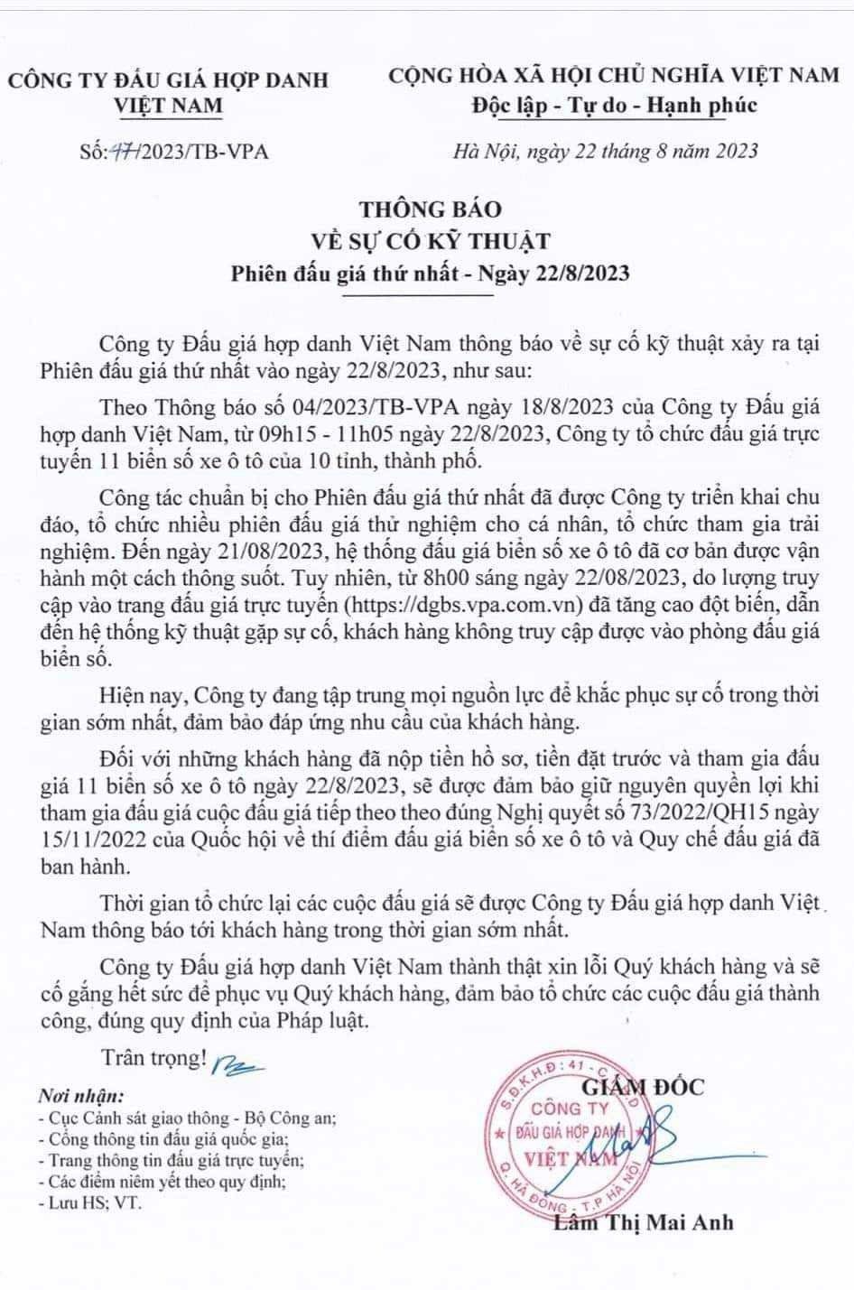 Kết quả đấu giá biển số xe ngày 22/8 như thế nào? Công ty đấu giá hợp danh Việt Nam thông báo về sự cố kỹ thuật phiên đấu giá sáng 22/8