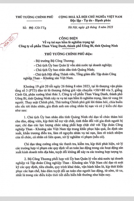 Thủ tướng chỉ đạo khẩn vụ tai nạn lao động xảy ra tại Công ty Than Vàng Danh