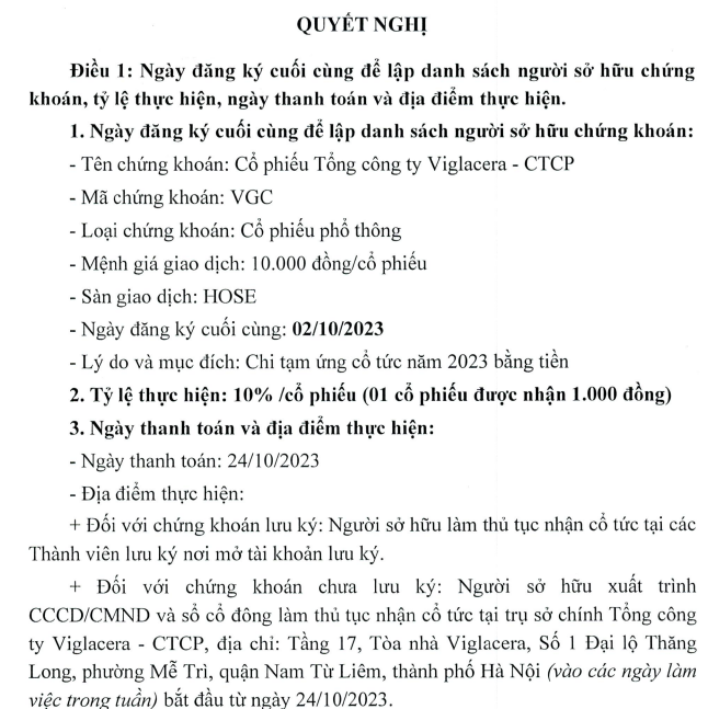 Viglacera sắp chi cổ tức năm2023 với tỷ lệ 10% Viglacera sắp chi cổ tức năm2023 với tỷ lệ 10%