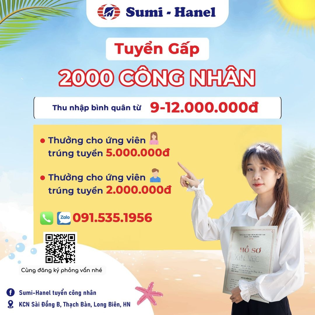 Công ty Sumi-Hanel tuyển dụng hàng ngàn lao động phổ thông đi làm ngay Công ty Sumi-Hanel tuyển dụng hàng ngàn lao động phổ thông đi làm ngay