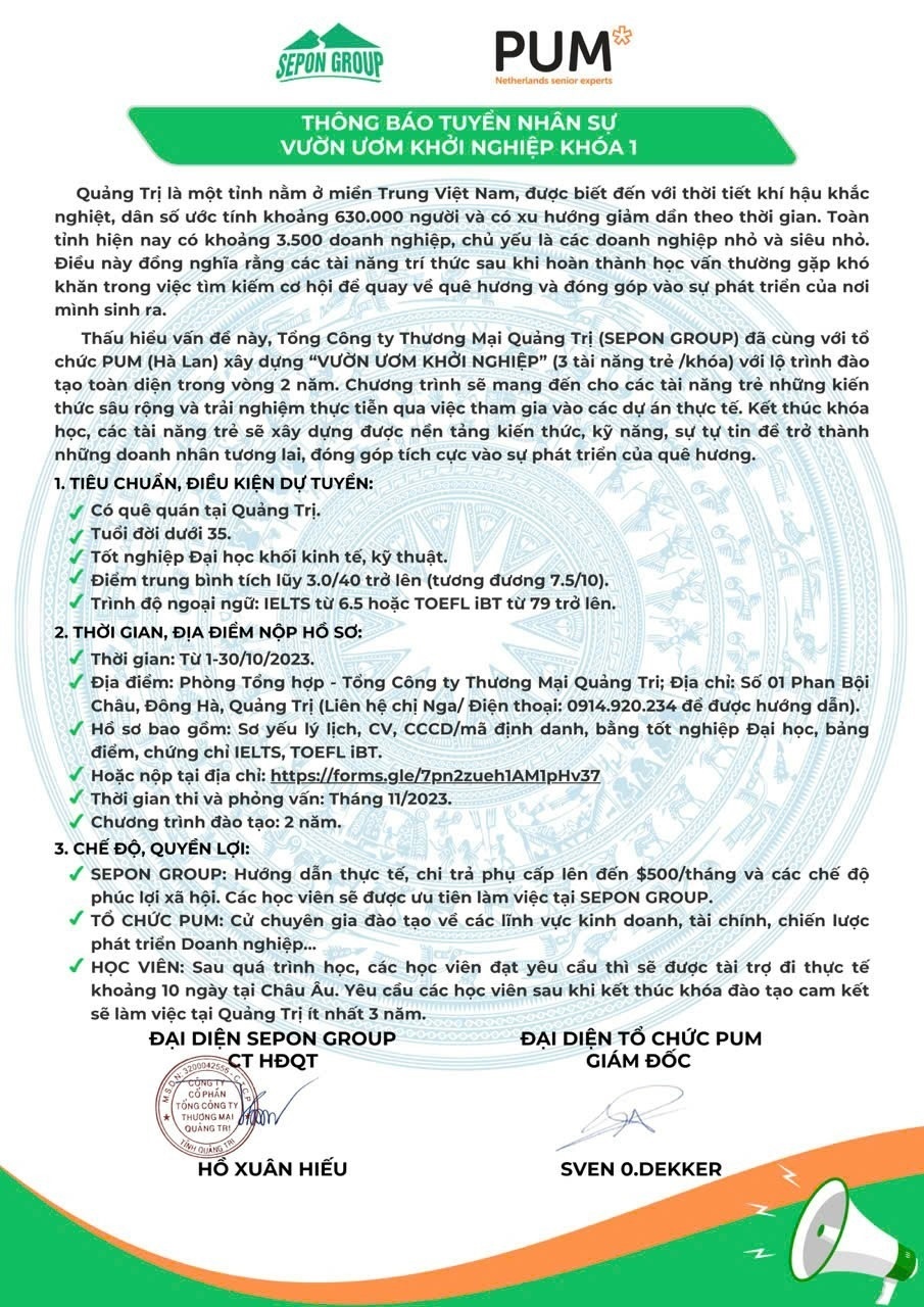 Công ty Thương mại Quảng Trị tuyển dụng nhân sự xây dựng “Vườn ươm khởi nghiệp” Công ty Thương mại Quảng Trị tuyển dụng nhân sự xây dựng “Vườn ươm khởi nghiệp”