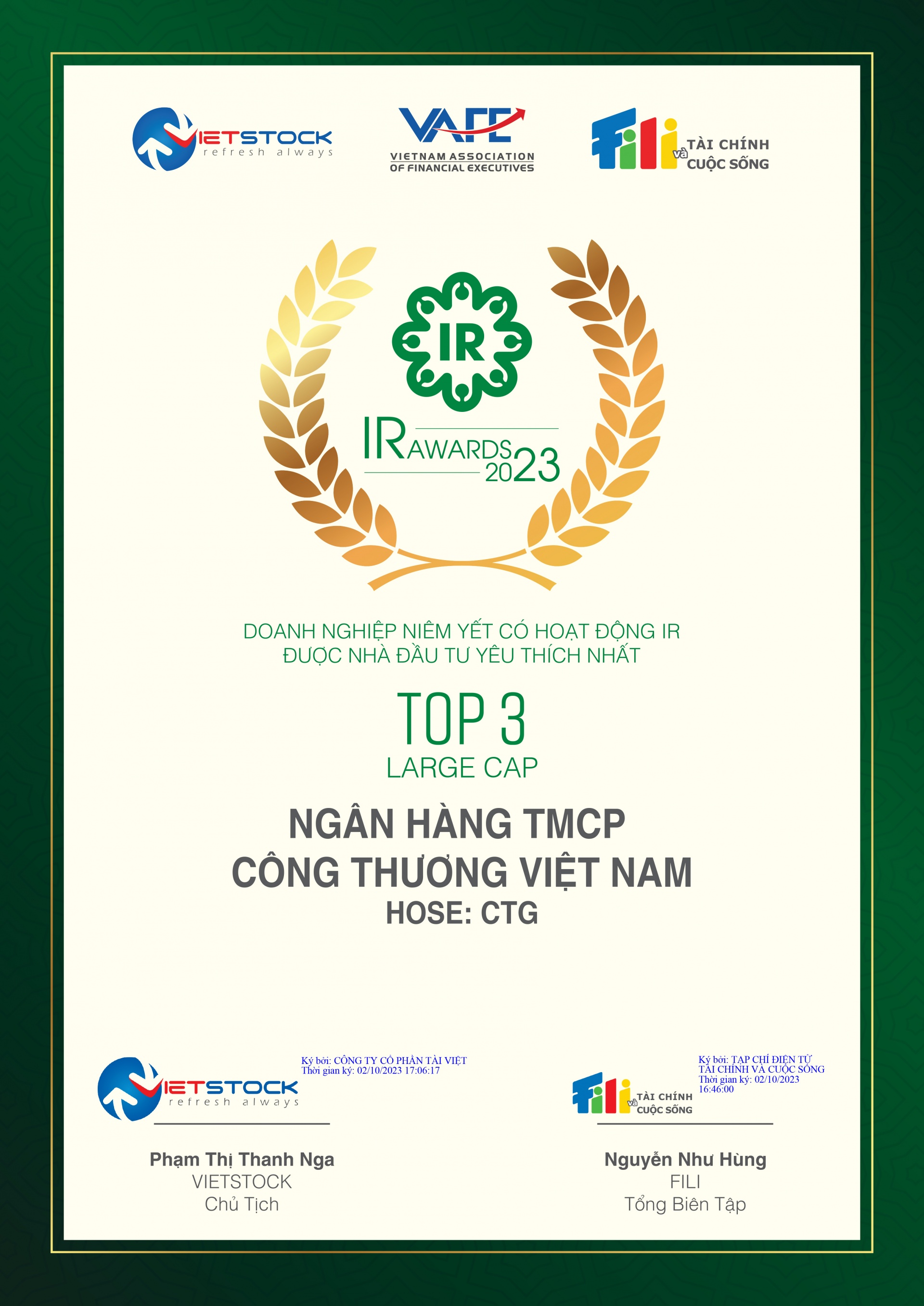 VietinBank lọt Top 3 doanh nghiệp được nhà đầu tư yêu thích nhất