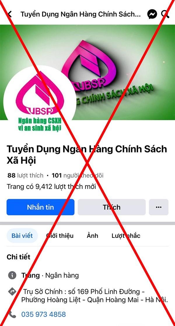 Ngân hàng Chính sách xã hội cảnh báo trang Fanpage tuyển dụng giả mạo