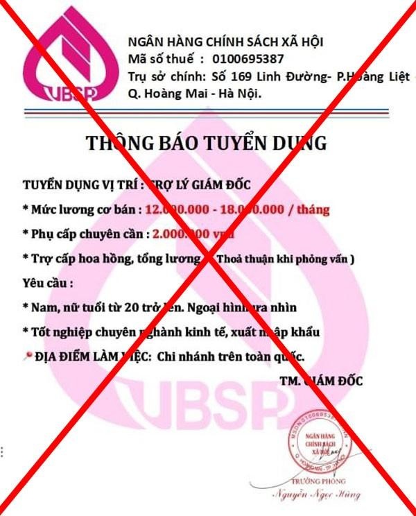 Ngân hàng Chính sách xã hội cảnh báo trang Fanpage tuyển dụng giả mạo