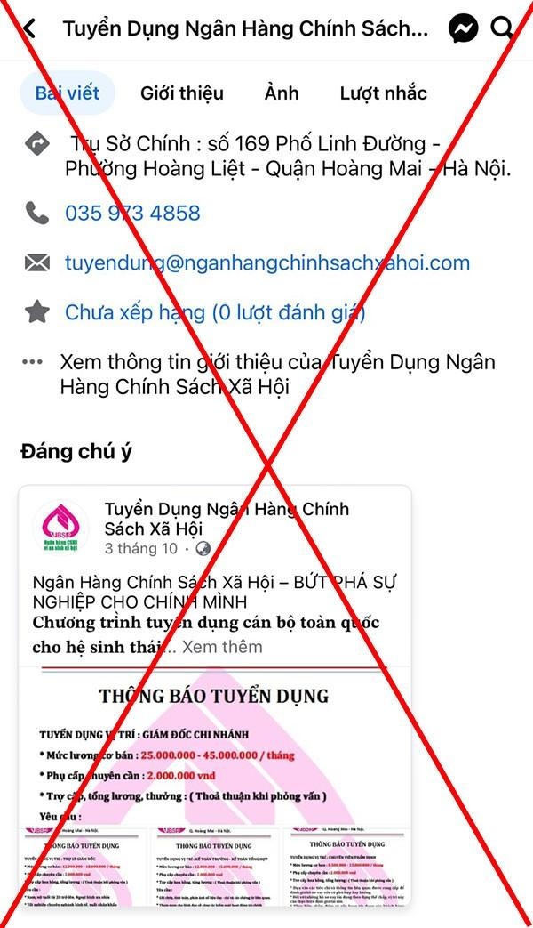 Ngân hàng Chính sách xã hội cảnh báo trang Fanpage tuyển dụng giả mạo