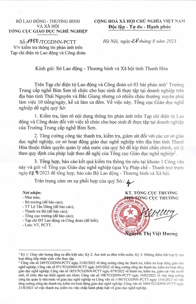 Vụ học sinh bị làm công nhân: Kỷ luật Hiệu trưởng Trường Trung cấp Nghề Bỉm Sơn Vụ học sinh bị làm công nhân: Kỷ luật Hiệu trưởng Trường Trung cấp Nghề Bỉm Sơn