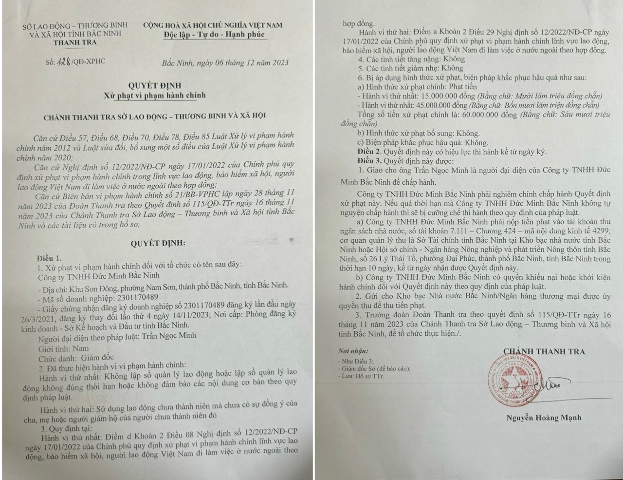 Vì sao Công ty TNHH Đức Minh Bắc Ninh bị xử phạt? Vì sao Công ty TNHH Đức Minh Bắc Ninh bị xử phạt?