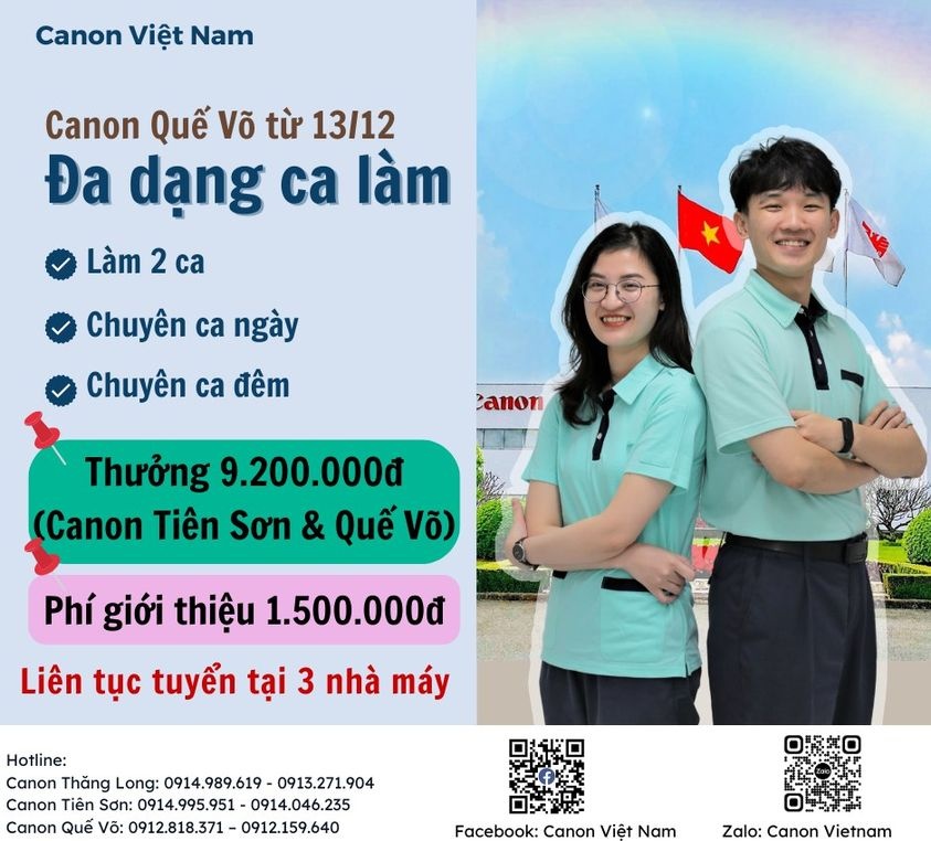 Công ty TNHH Canon Việt Nam liên tục tuyển lao động phổ thông tại 3 nhà máy Công ty TNHH Canon Việt Nam liên tục tuyển lao động phổ thông tại 3 nhà máy