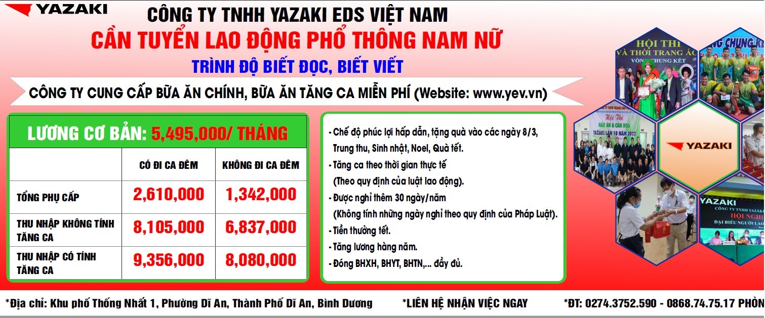 Công ty TNHH Yazaki EDS Việt Nam tuyển 600 lao động phổ thông Công ty TNHH Yazaki EDS Việt Nam tuyển 600 lao động phổ thông
