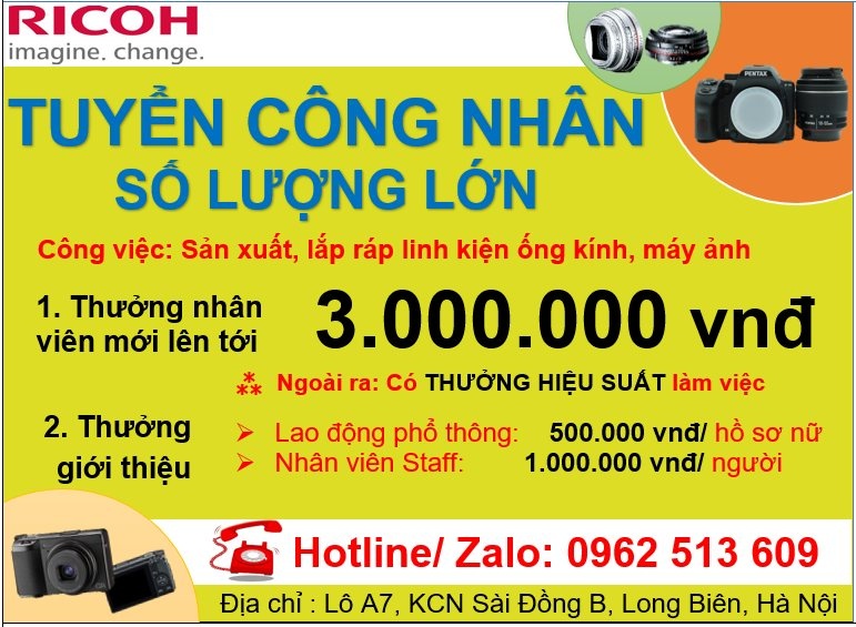 Hà Nội: Công ty Ricoh Imaging tuyển lượng lớn lao động phổ thông đi làm ngay