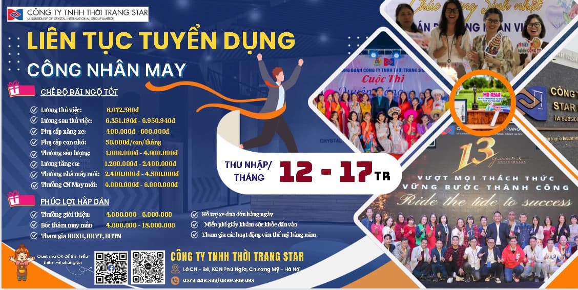 Công ty TNHH Thời trang Star tuyển 1.000 công nhân may thu nhập 12-17 triệu đồng/tháng
