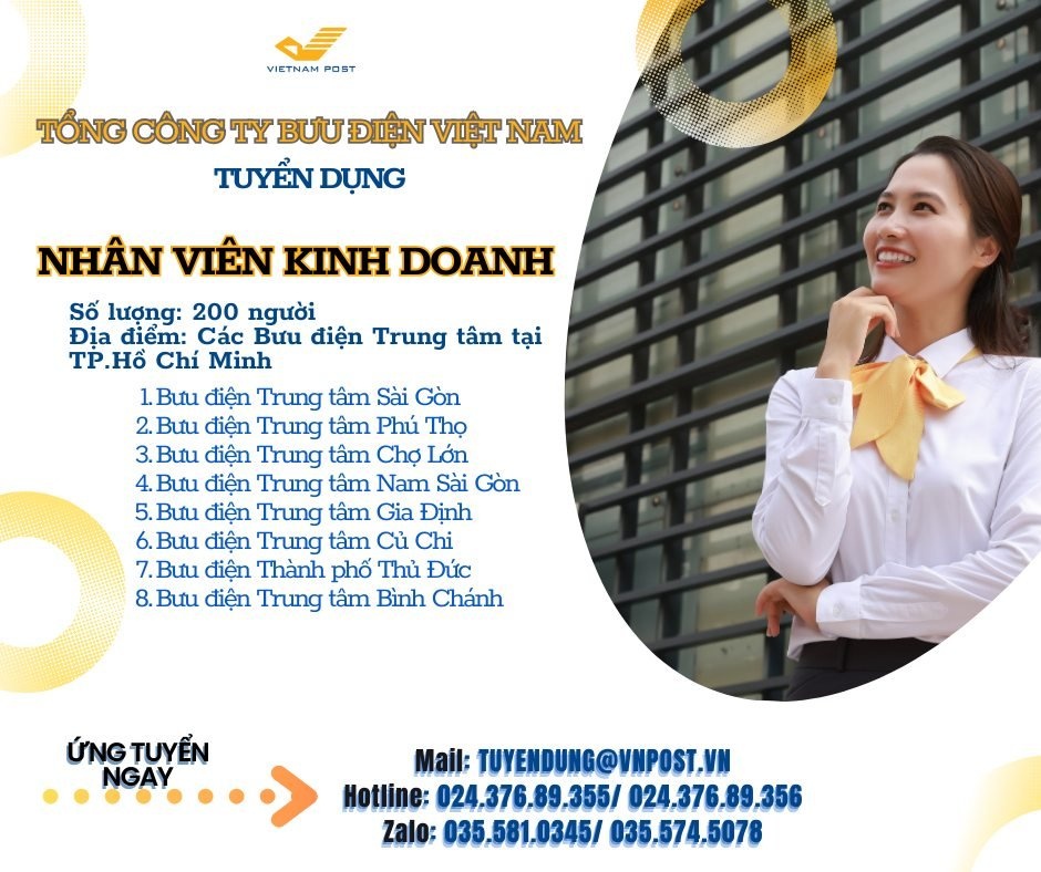 Tuyển 200 nhân viên kinh doanh tại các bưu điện trung tâm TP. Hồ Chí Minh Tuyển 200 nhân viên kinh doanh tại các bưu điện trung tâm TP. Hồ Chí Minh