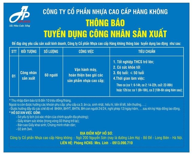 Công ty CP Nhựa cao cấp Hàng không – APLACO tuyển dụng gần 100 công nhân, lao động