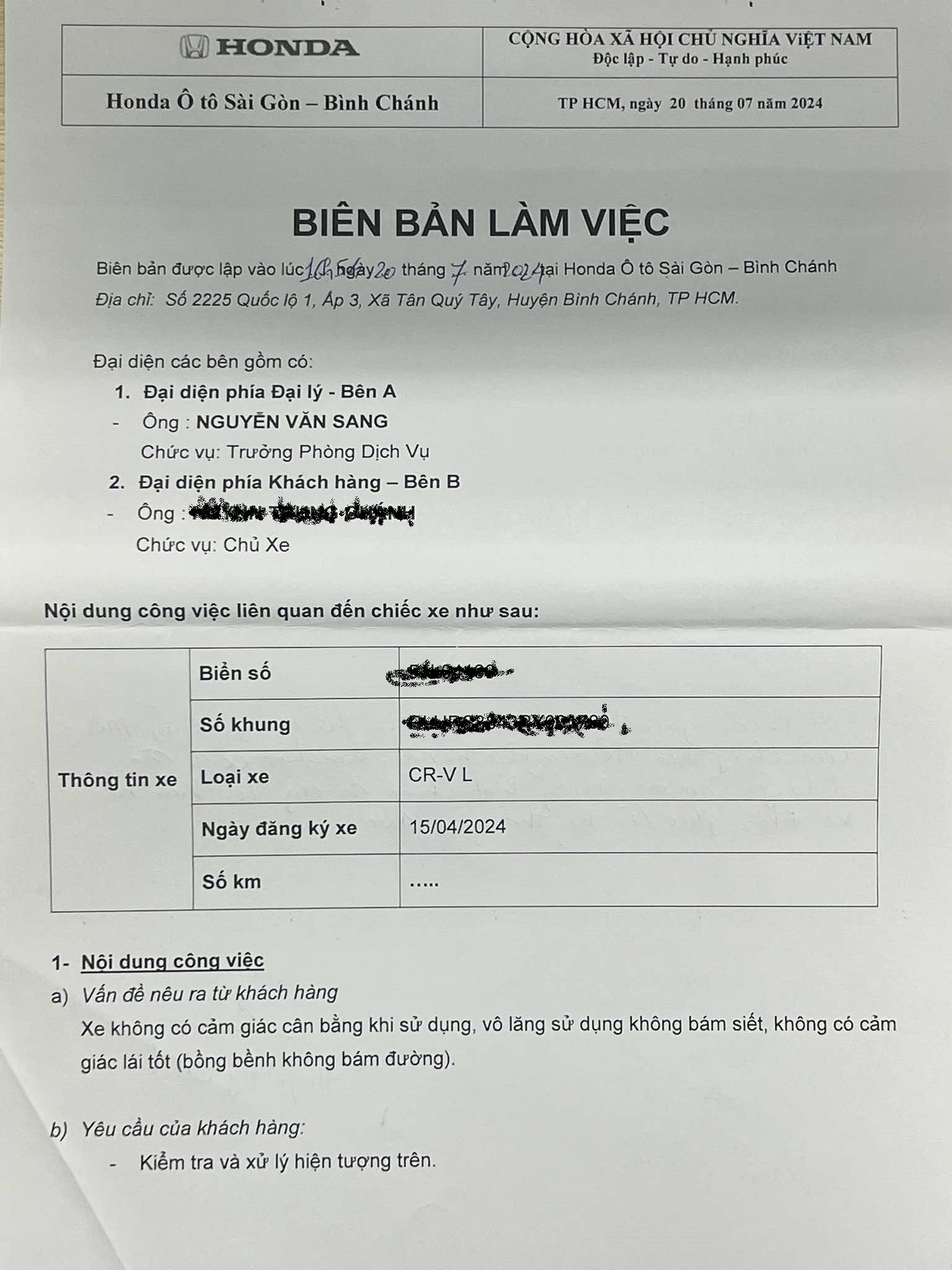 Hành trình đi sửa Honda CR-V 2024 tại ba đại lý chưa có hồi kết Hành trình đi sửa Honda CR-V 2024 tại ba đại lý chưa có hồi kết