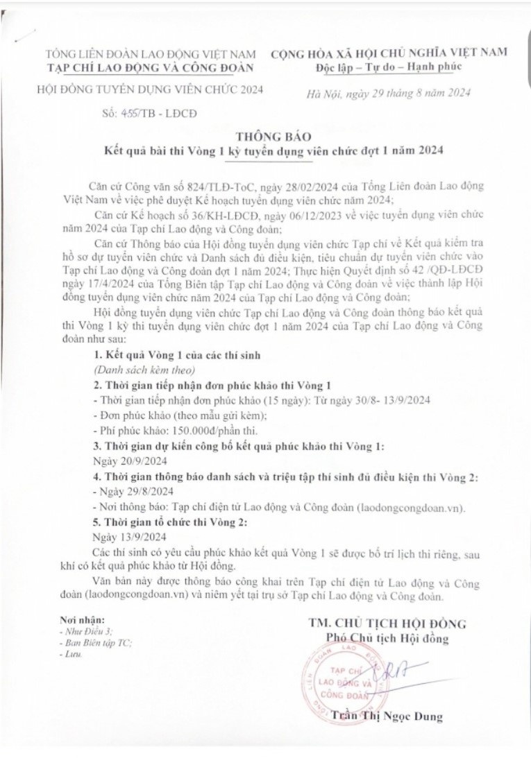 Thông báo Kết quả Bài thi vòng 1 Kỳ thi tuyển dụng viên chức đợt 1 năm 2024