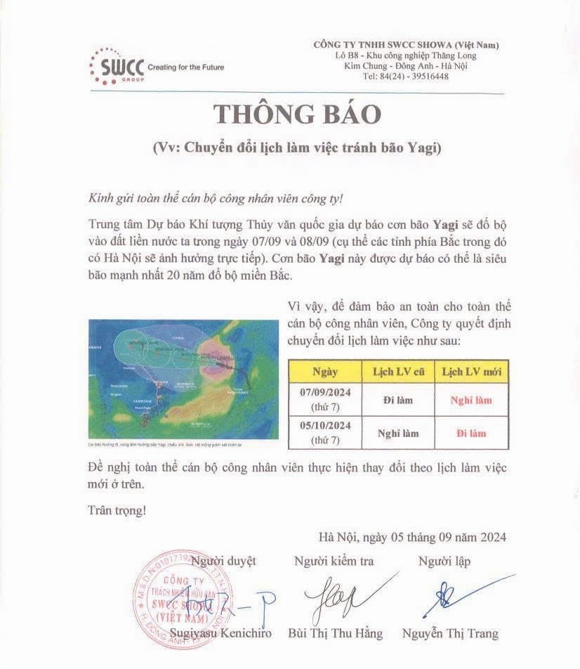 Tránh “siêu bão” Yagi, công nhân được nghỉ làm thứ Bảy