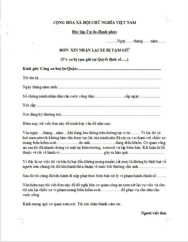 Mẫu đơn xin nhận lại xe bị công an giữ 2024 Xe bị tạm giữ để phục vụ công tác điều tra lỗi vi phạm giao thông.