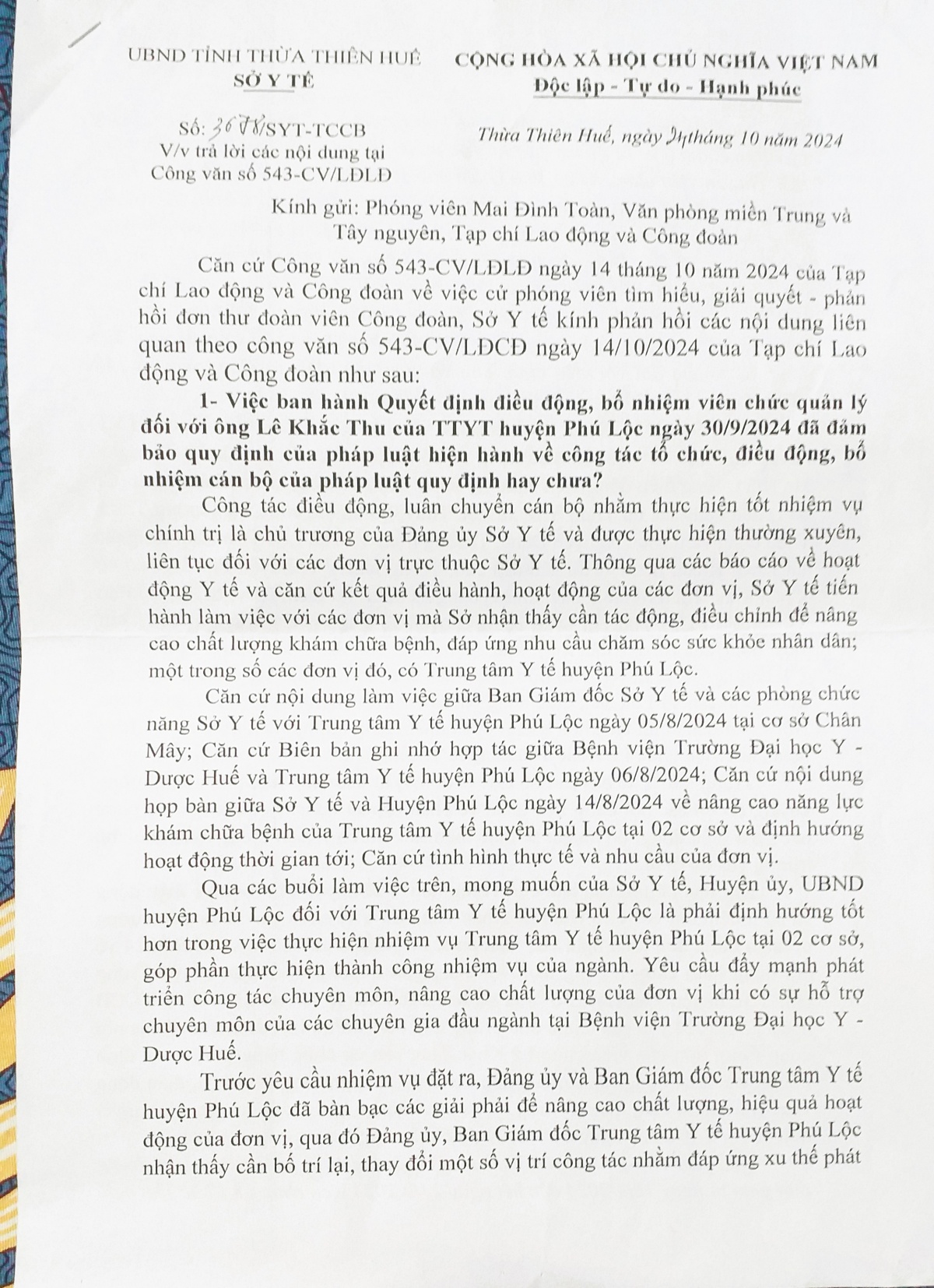 undefined Vụ điều động bác sĩ ở Thừa Thiên Huế: Những điểm bất hợp lý từ công văn trả lời của Sở Y tế tỉnh