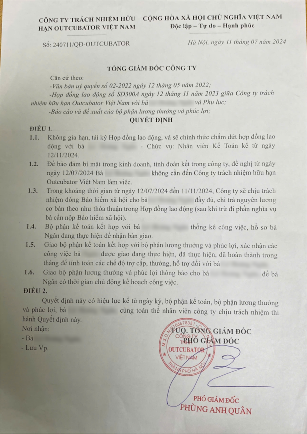 Nhân viên tố Công ty Outcubator Việt Nam vi phạm hợp đồng lao động