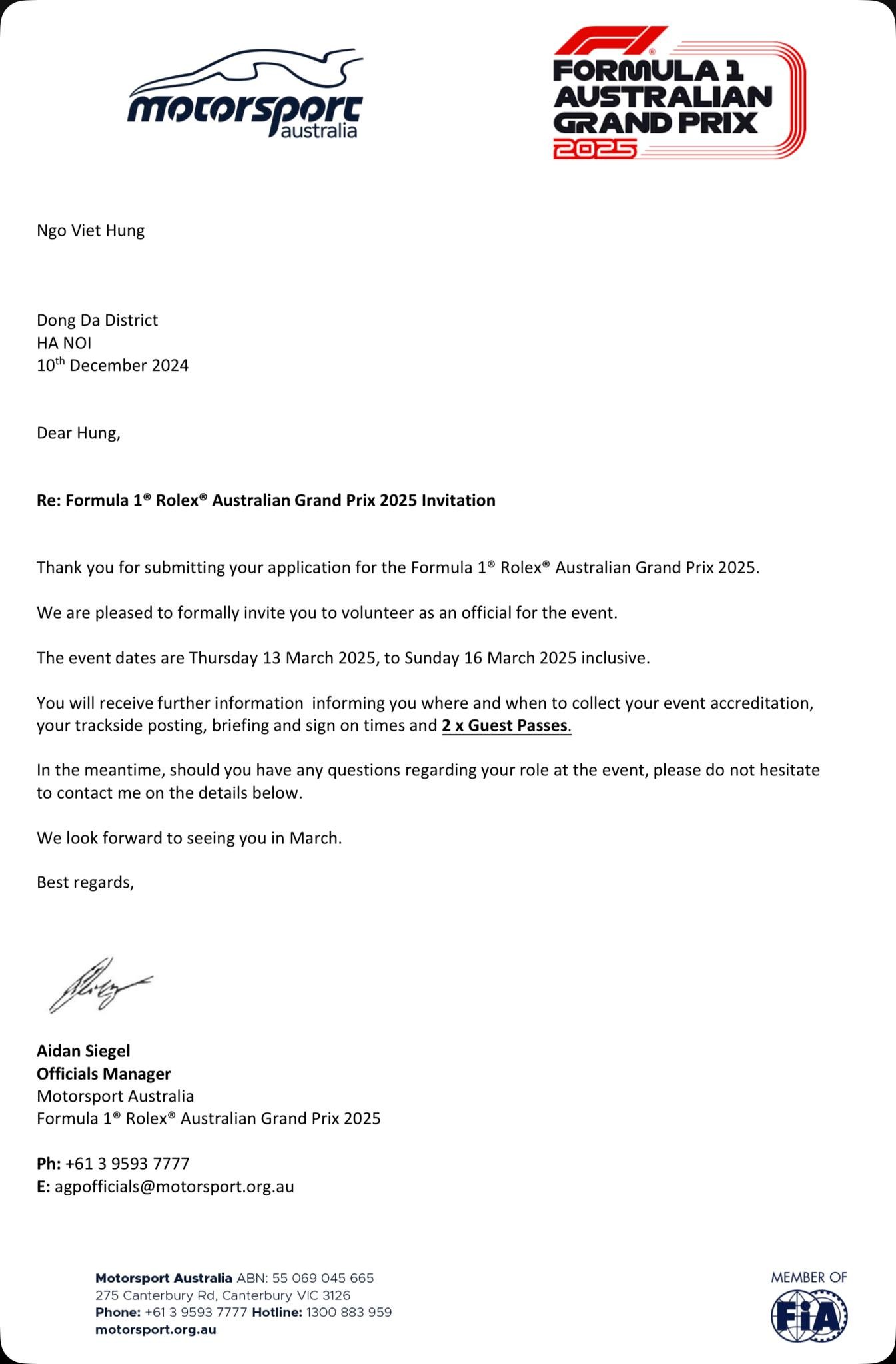 Thành viên Hiệp hội Ô tô thể thao Việt Nam tham gia điều hành Giải đua F1 tại Australia