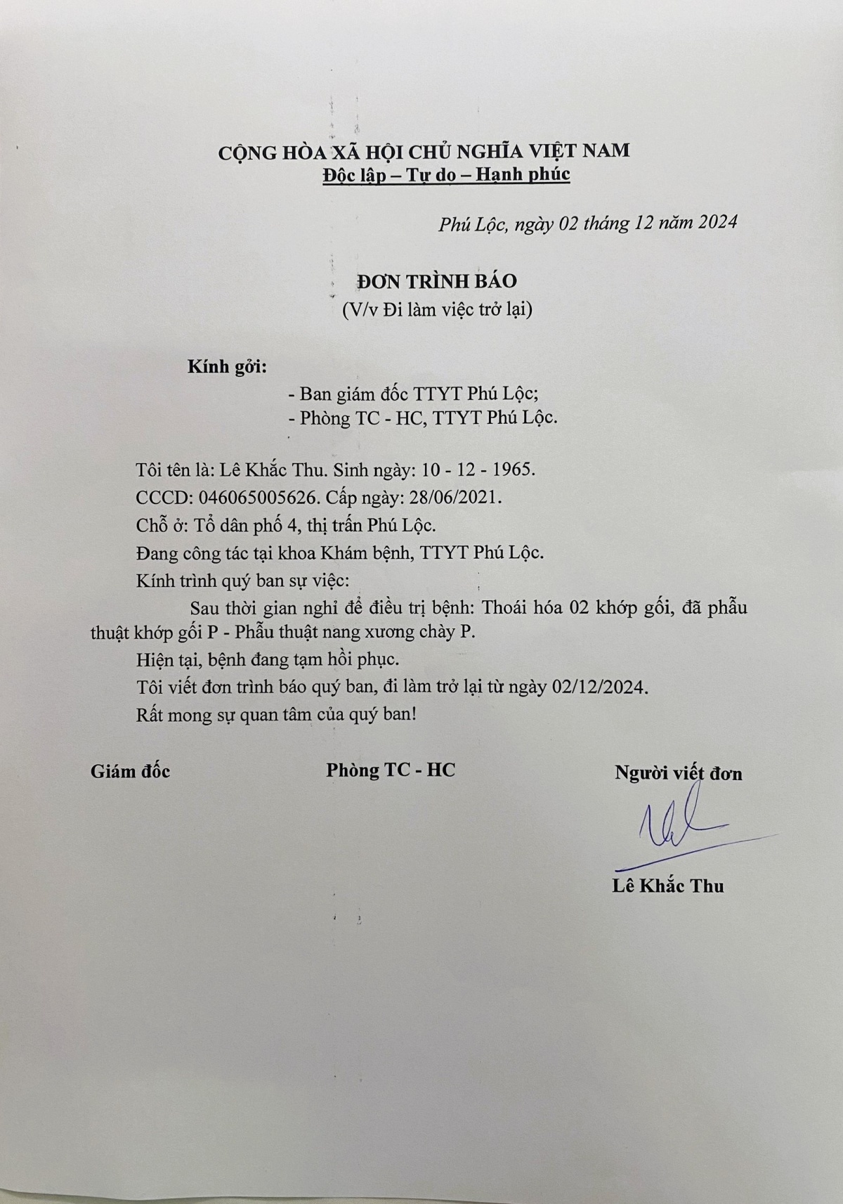 Trở lại công tác sau kỳ chữa bệnh, bác sĩ Lê Khắc Thu phải “chờ việc” Trở lại công tác sau kỳ chữa bệnh, bác sĩ Lê Khắc Thu phải “chờ việc”