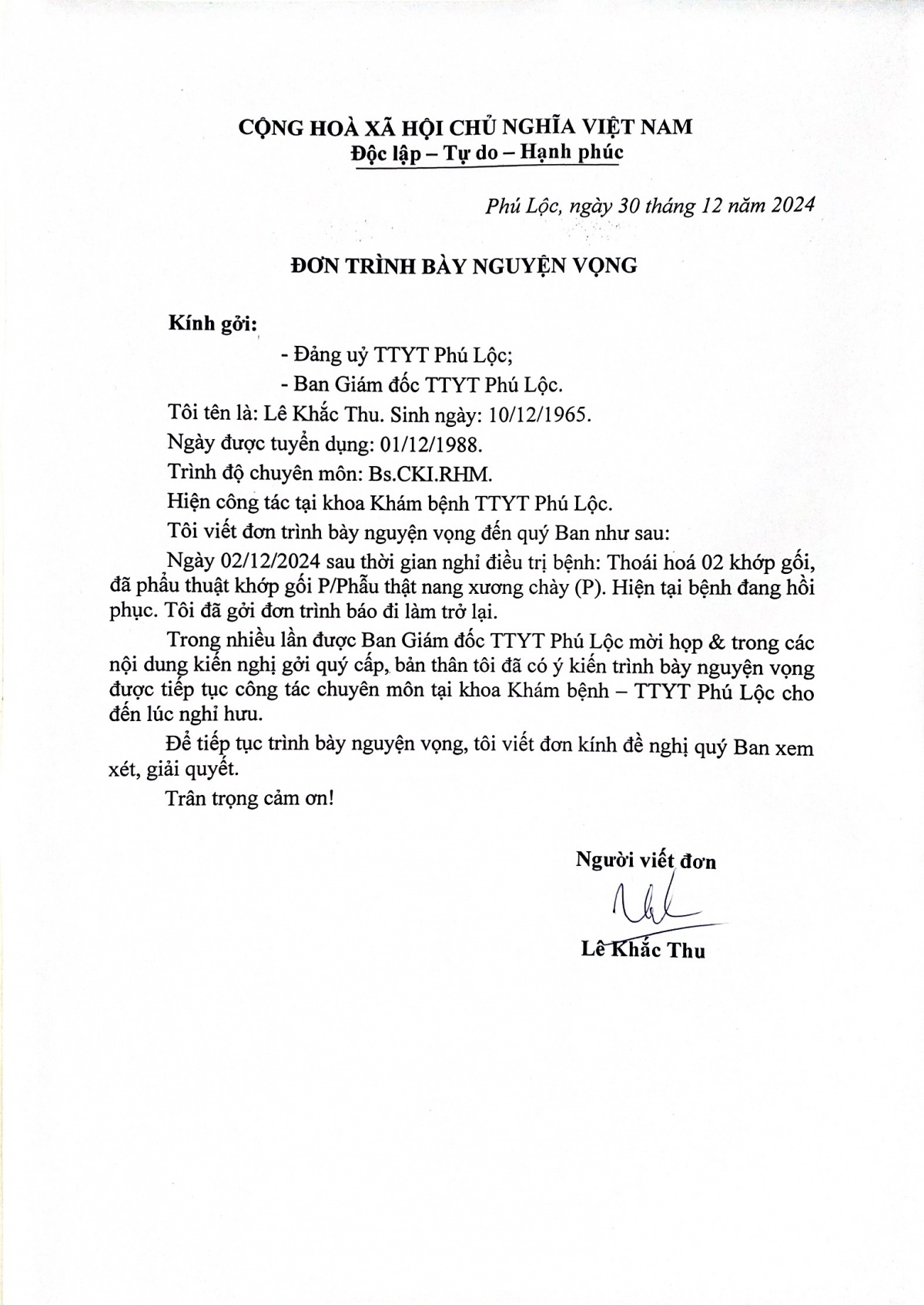 Bác sĩ Lê Khắc Thu xin được giám định sức khỏe