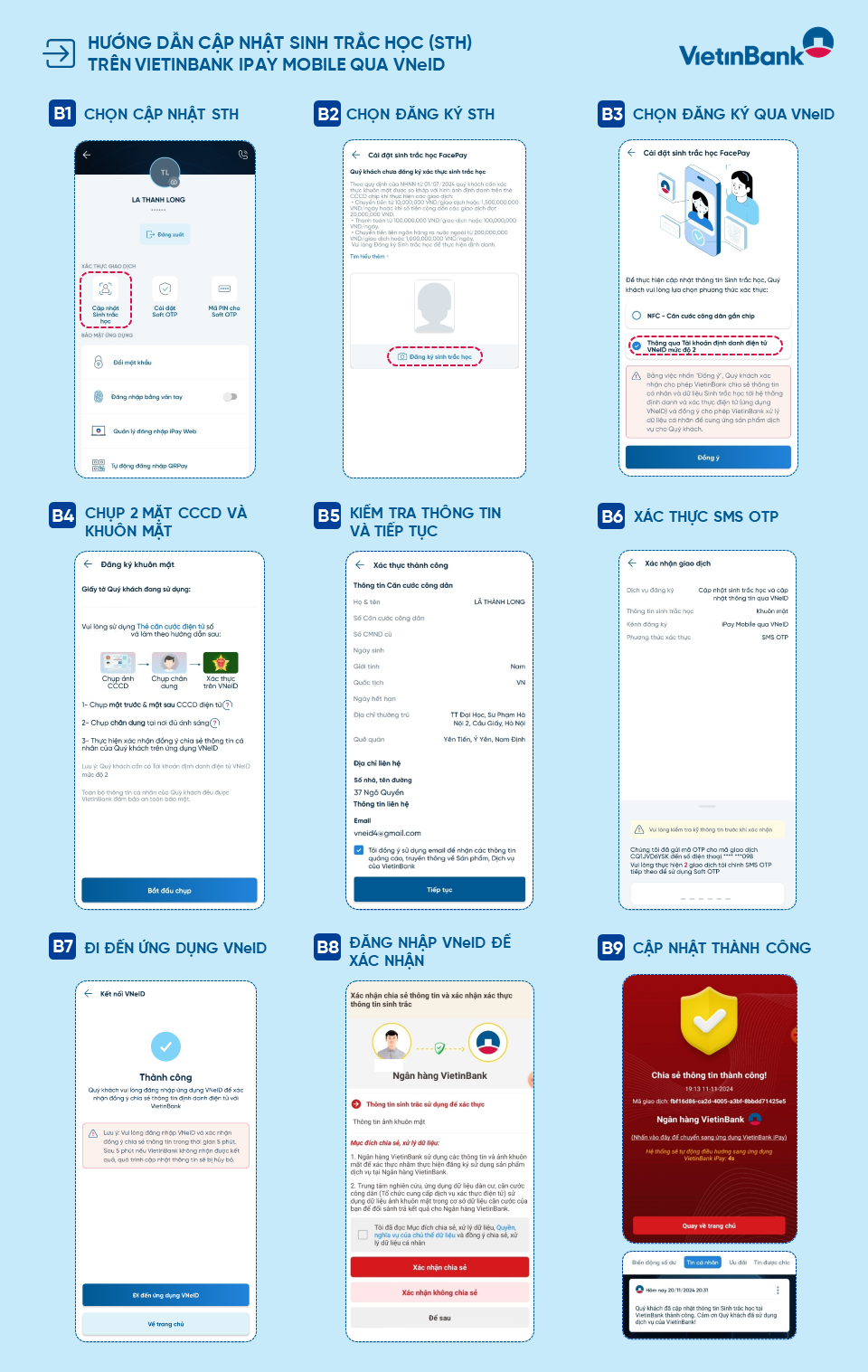Cập nhật sinh trắc học siêu tốc trên VietinBank iPay Mobile qua VNeID