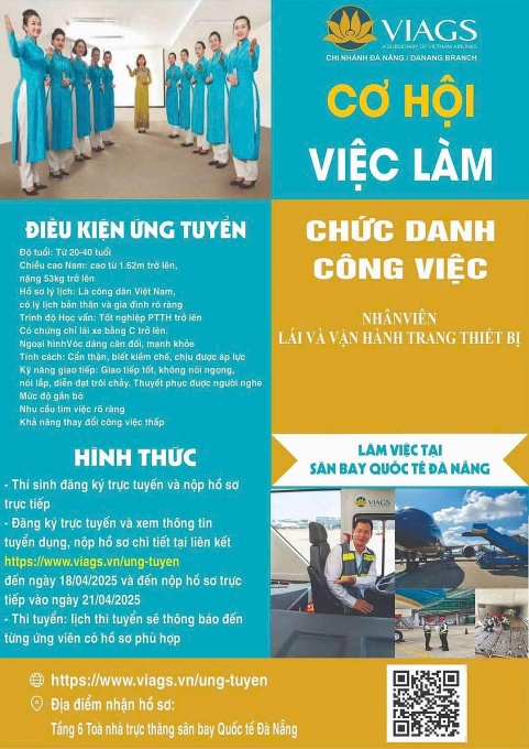 VIAGS tuyển dụng nhân viên lái vận hành trang thiết bị mặt đất tại Đà Nẵng
