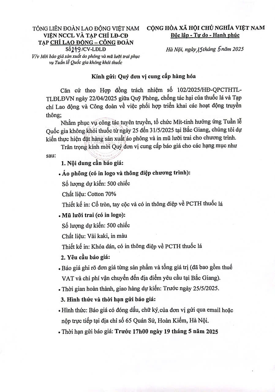 Mời báo giá phục vụ Tuần lễ Quốc gia không khói thuốc