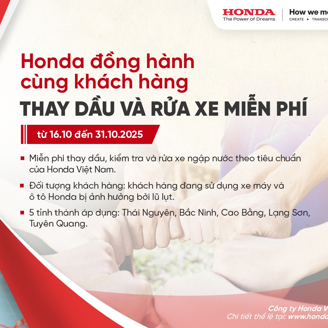 Honda Việt Nam hỗ trợ thay dầu miễn phí cho khách hàng 5 tỉnh bị ảnh hưởng bởi bão Matmo
