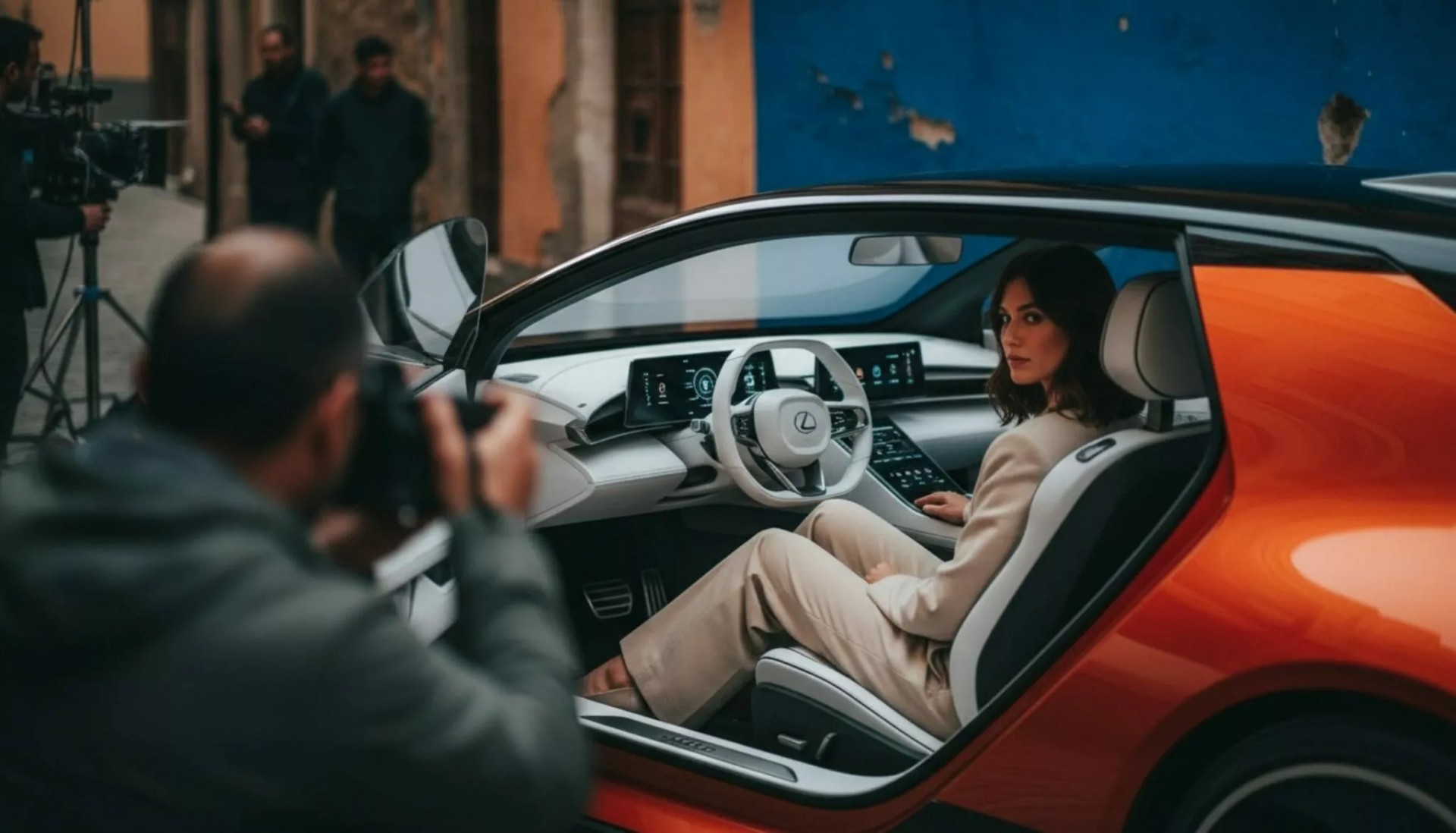 Hình ảnh thiết kế nội thất xe và người mẫu ngồi trong được tạo bằng AI