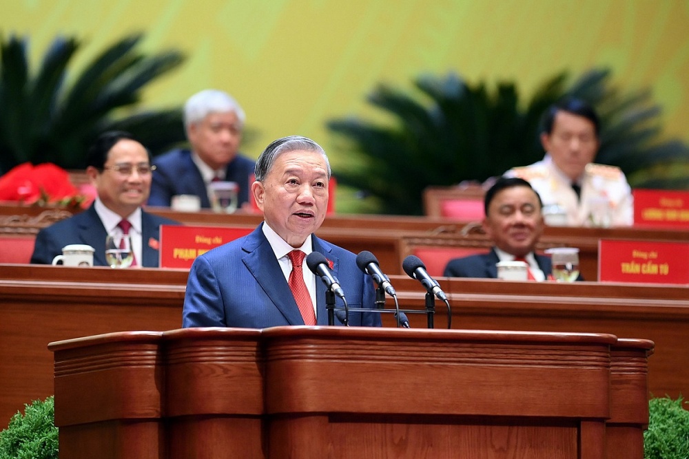 Tổng Bí thư Tô Lâm phát biểu Bế mạc Đại hội đại biểu toàn quốc lần thứ XIV của Đảng, chiều 23.1. Ảnh: TTXVN