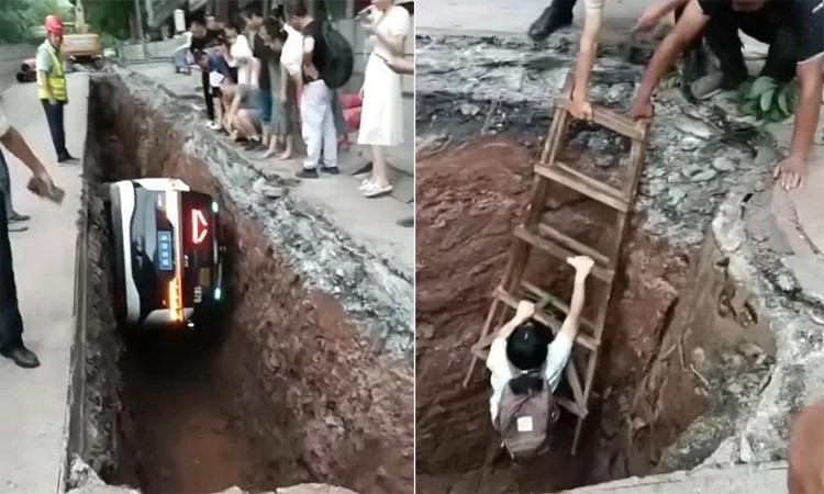 Xe taxi không người lái rơi xuống hố khi đang chở khách