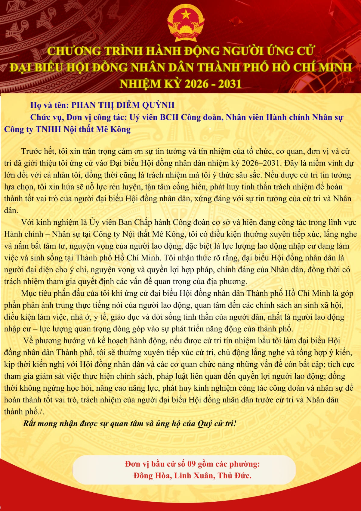 Bà Phan Thị Diễm Quỳnh ứng cử Đại biểu Hội đồng Nhân dân TP HCM nhiệm kỳ 2026 - 2031