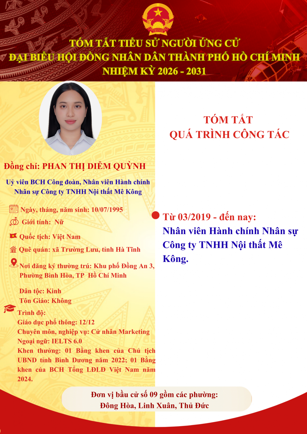 Bà Phan Thị Diễm Quỳnh ứng cử Đại biểu Hội đồng Nhân dân TP HCM nhiệm kỳ 2026 - 2031