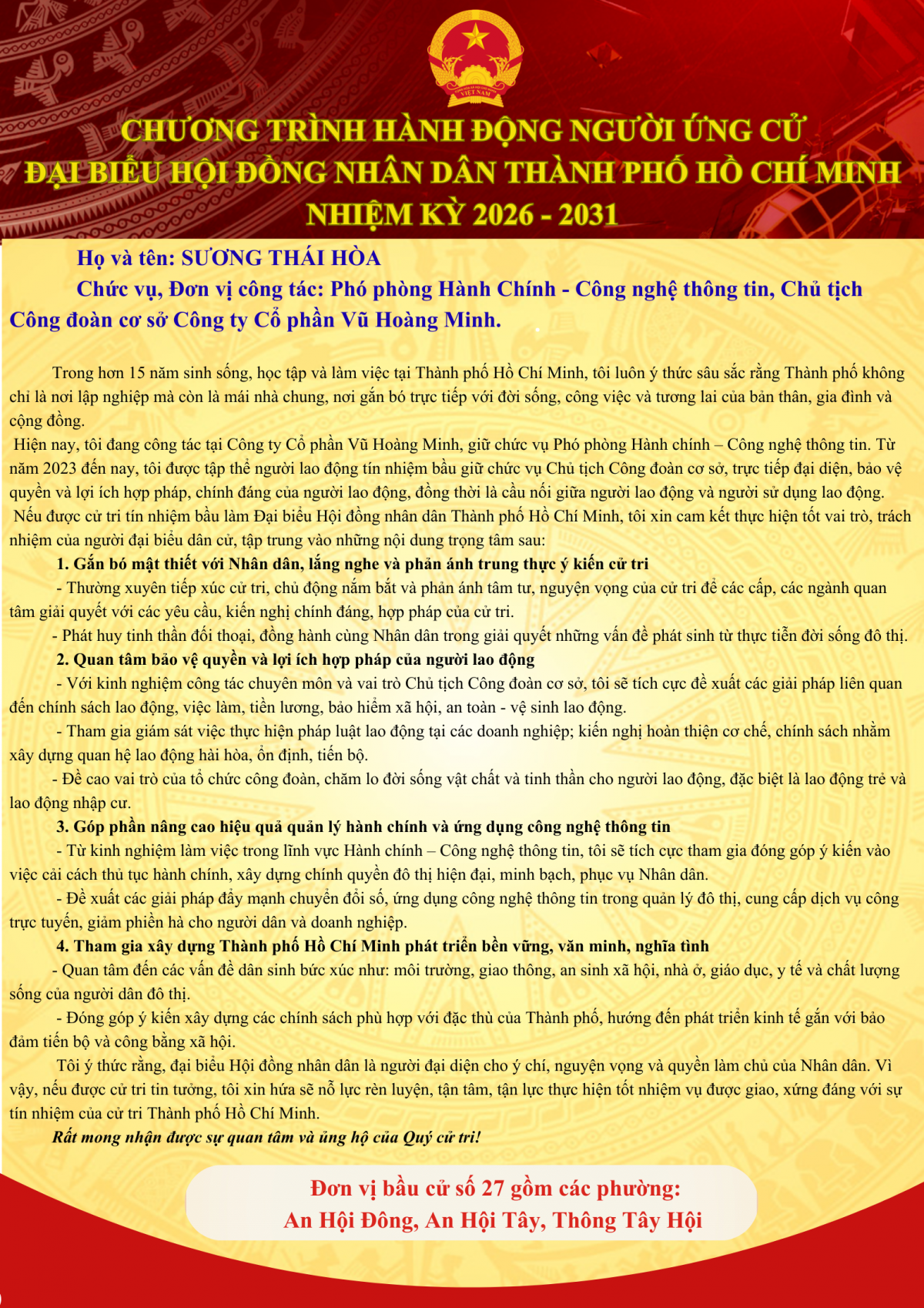 Ông Sương Thái Hoà ứng cử Đại biểu Hội đồng Nhân dân TP HCM nhiệm kỳ 2026 – 2031