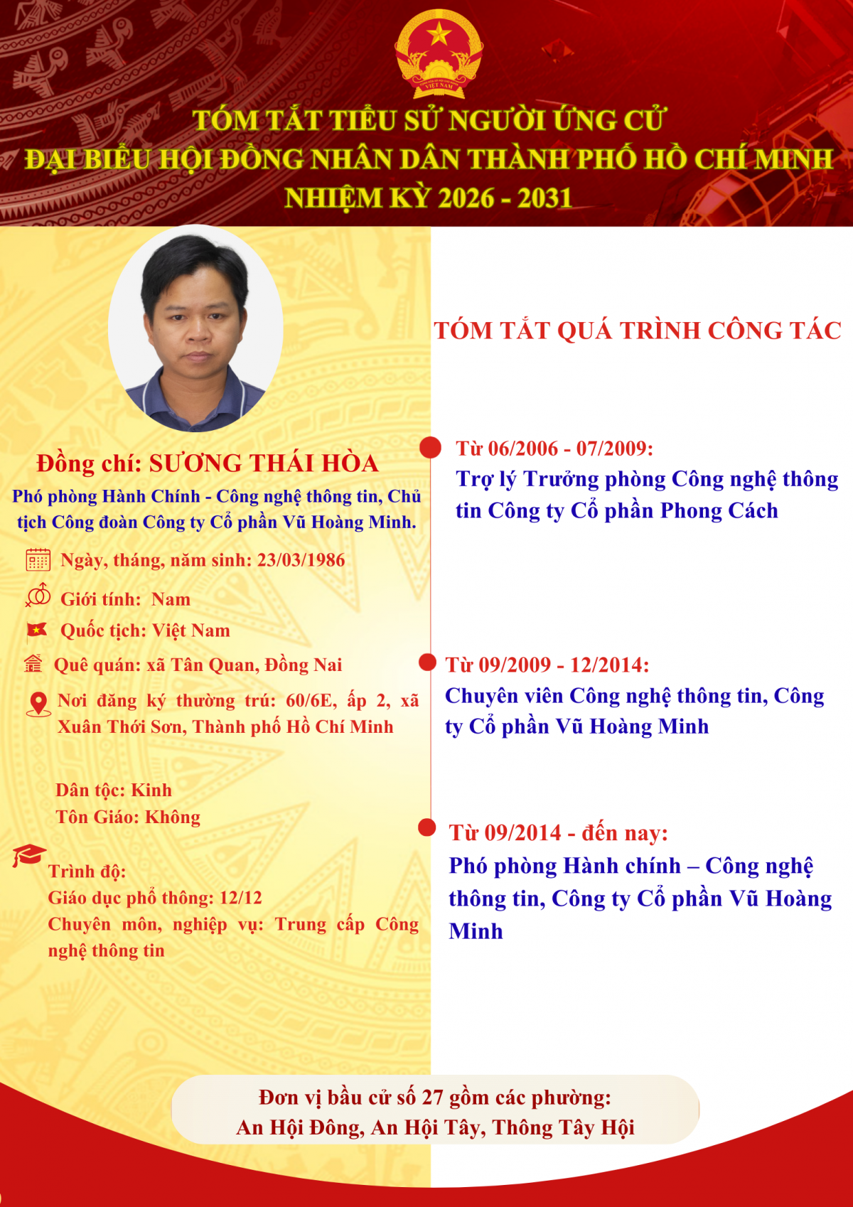 Ông Sương Thái Hoà ứng cử Đại biểu Hội đồng Nhân dân TP HCM nhiệm kỳ 2026 – 2031